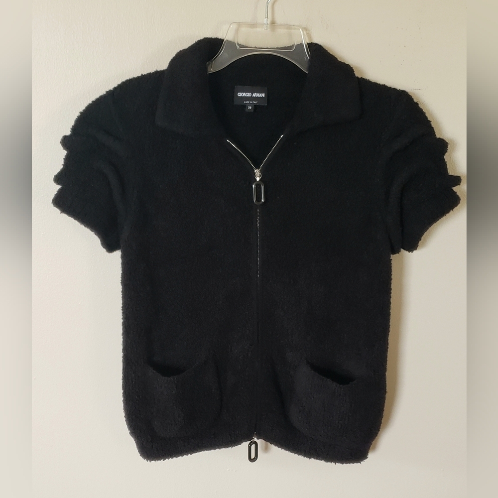 Giorgio Armani Cashmere / Silk Blend Ruched Short Sleeve Zip Up Cardigan Size 38